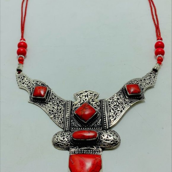 Red Tibetan Coral Gemstone Handmade Necklace,Beaded Chain Nepalese Style Necklac - Picture 5 of 10